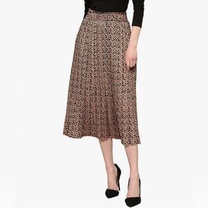 High Waist Polka Dot Pleated Midi Swing Skirt with Pockets -tan/black